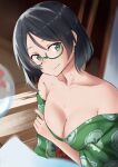  1girl absurdres alternate_costume bare_shoulders black_hair blurry blurry_background breasts cleavage collarbone commentary_request glasses green-framed_eyewear green_kimono grey_eyes hair_between_eyes highres japanese_clothes kantai_collection kimono kirishima_(kancolle) lanthan looking_at_viewer medium_breasts paper semi-rimless_eyewear solo sweat wind_chime 