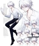  1boy black_footwear black_pants boots closed_eyes closed_mouth collared_shirt expressions full_body highres holding holding_paper ikurikaito jewelry long_sleeves male_focus necklace original pants paper purple_eyes shirt short_hair solo white_hair white_shirt 