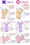  1girl commentary english_commentary english_text guide highres how_to medium_hair multiple_views original purple_scarf red_scarf scarf simple_background white_background yellow_scarf yoshimura_takuya 