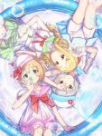  3girls belt blonde_hair blurry blurry_foreground blush breasts brown_eyes collarbone frilled_shirt frills from_above green_skirt grey_hair hair_ornament hair_ribbon hand_on_forehead highres holding idolmaster idolmaster_cinderella_girls idolmaster_cinderella_girls_starlight_stage idolmaster_cinderella_girls_u149 koga_koharu long_hair looking_at_viewer lunalight-dg lying medium_breasts mochizuki_hijiri mole mole_under_eye multiple_girls narumiya_yume neck_ribbon on_back open_mouth parted_bangs pleated_skirt red_eyes red_ribbon ribbon sailor_collar shirt short_hair short_sleeves shorts skirt small_breasts smile soap_bubbles wading_pool wet wet_clothes white_belt white_headwear white_shorts 