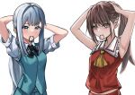  2girls adjusting_hair alternate_hair_length alternate_hairstyle aqua_eyes armpits breasts brown_eyes brown_hair commentary_request grey_hair hakurei_reimu high_ponytail highres konpaku_youmu long_hair medium_breasts midriff mouth_hold multiple_girls ponytail ramiki red_vest simple_background small_breasts touhou very_long_hair vest white_background 