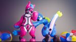  3d_(artwork) animate_inanimate anthro ball bappers beach_ball big_butt blue_body butt chastity_device collar digital_media_(artwork) dragon duo handles_on_hips harness hi_res inflatable krokett latex male multicolored_body null_bulge pink_body plastic pool_toy presenting simple_background strategically_placed_hole 