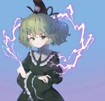  1girl absurdres black_headwear closed_mouth dress electricity frilled_sleeves frills green_dress green_eyes green_hair hat highres iris_anemone long_sleeves short_hair soga_no_tojiko solo tate_eboshi touhou upper_body wide_sleeves 