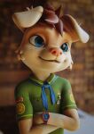  3d_(artwork) anthro badge blender_(software) blue_eyes canid clock clothing digital_media_(artwork) green_clothing green_shirt green_topwear hi_res mammal screelee shirt spot_(tricksta) topwear watch 