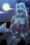  5_fingers anthro asian_clothing bare_shoulders big_breasts blue_eyes breasts canid canine canis cheek_tuft chest_tuft choker cleavage clothed clothing collar east_asian_clothing eyebrows facial_tuft female fingers fur grey_body grey_fur hair hi_res inner_ear_fluff japanese_clothing jewelry kemono kimono mammal moon necklace night okami_bark ookamiwaho outside ponytail sky smile solo tail thick_eyebrows tuft white_body white_fur white_hair wolf 