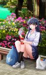  1girl absurdres backpack bag bench blue_hair blue_skirt blunt_bangs boku_no_kokoro_no_yabai_yatsu bottle brown_eyes crossed_legs dark_blue_hair dated flower food food_in_mouth green_panties highres holding holding_bottle holding_food holding_pocky long_hair miniskirt nihility outdoors panties plastic_bottle pleated_skirt pocky pocky_in_mouth pond shirt signature sitting sitting_on_bench skirt solo straight_hair thighs underwear upskirt water_bottle white_shirt yamada_anna 