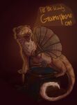  brown_body brown_fur elemental_creature english_text feral fur gef_the_talking_mongoose ghost gramophone herpestid hi_res ink_(artist) male mammal mongoose red_background simple_background solo speech_bubble spirit teeth text whiskers 