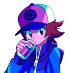  1boy baseball_cap blue_jacket brown_eyes brown_hair can drinking hat hilbert_(pokemon) holding holding_can jacket looking_at_viewer male_focus pepsi pokemon pokemon_(game) pokemon_bw simple_background solo stardust_epic upper_body white_background 