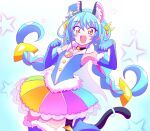  1girl :d animal_ear_fluff animal_ears black_choker blue_footwear blue_hair blue_headwear boots braid cape cat_ears cat_girl cat_tail choker cure_cosmo dress earrings elbow_gloves fur-trimmed_boots fur_trim gloves hair_ornament hat high_heel_boots high_heels jewelry leg_up long_hair looking_at_viewer low_twin_braids magical_girl mini_hat mini_top_hat multicolored_clothes multicolored_dress multicolored_hair open_mouth paw_pose pink_hair pointy_ears precure short_dress sleeveless sleeveless_dress smile solo standing star_(symbol) star_twinkle_precure streaked_hair tail thigh_boots tilted_headwear top_hat twin_braids very_long_hair white_cape yellow_eyes zerolay 