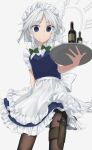  apron blue_dress blue_eyes bottle bow braid clock cowboy_shot dress expressionless from_below green_bow hair_bow hand_up highres holding holding_tray holster izayoi_sakuya keiki8296 knife knife_sheath looking_at_viewer maid_apron maid_headdress pantyhose puffy_short_sleeves puffy_sleeves sheath sheathed shirt short_hair short_sleeves simple_background thigh_holster touhou tray twin_braids waist_apron waist_bow white_apron white_background white_bow white_hair white_shirt wine_bottle 