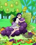  1girl alternate_size artist_request banana commentary english_commentary eyelashes food fruit futari_wa_precure grapes hair_ornament hairclip happy high_heels highres long_hair looking_at_viewer official_art orange_(fruit) precure precure_connection_puzzlun purple_eyes purple_hair smile solo strawberry third-party_source yukishiro_honoka 