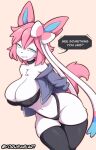  2023 anthro big_breasts breasts clothed clothing dialogue eeveelution english_text female fur generation_6_pokemon hair hi_res legwear nintendo pink_hair pokemon pokemon_(species) solo sylveon text white_body white_fur yorusagi 