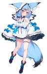  1girl animal_ear_fluff animal_ears black_bra blue_eyes blue_hair blush boots bow bra breasts closed_mouth commentary_request detached_sleeves dress ears_through_headwear eip_(pepai) fox_ears fox_girl fox_tail full_body hair_ornament hairclip highres large_breasts looking_at_viewer medium_hair o-ring o-ring_thigh_strap off-shoulder_dress off_shoulder original simple_background skindentation solo standing tail thigh_strap underwear white_background white_dress white_veil wide_sleeves 