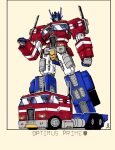  2023 absurdres autobot black_border blue_eyes border character_name clenched_hands glowing glowing_eyes highres lextodrawstuff looking_up mecha motor_vehicle no_humans optimus_prime robot semi_truck standing transformers truck yellow_background 
