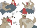  2012 anthro anthro_male armpit_hair bed belly big_bad_wolf big_belly blonde_hair bodily_fluids body_hair brown_body brown_fur burping canid canine canis canson claws clothed_female colored comic countershade_torso countershading duo fairy_tales female female_prey fully_inside fur furniture hair hand_on_stomach human little_red_riding_hood little_red_riding_hood_(copyright) male male/female male_pred mammal navel nipples open_mouth oral_vore partially_inside pillow sequence sharp_teeth swallowing sweat sweatdrop teeth tongue unwilling_prey uvula vore wolf 
