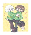  animal animal_ears asechiruk asriel_dreemurr black_socks brown_footwear brown_hair brown_pants brown_shorts chara_(undertale) deltarune green_sweater highres open_mouth pants shorts socks striped striped_sweater sweater tail undertale very_long_ears 