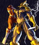  abs anthro asphyxiation battle bulge choking clothing duo goldar hi_res human iudicium86 light lighting low-angle_view male male/male mammal melee_weapon monster muscular nipples power_rangers raining red_ranger skimpy_armor sword thong underwear weapon 
