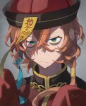  1boy bags_under_eyes blue_eyes bungou_stray_dogs chinese_clothes closed_mouth frown grey_background hands_up hat highres jacket jiangshi_costume long_hair looking_at_viewer nakahara_chuuya ofuda orange_hair qing_guanmao red_headwear red_jacket rinu simple_background sleeves_past_fingers sleeves_past_wrists solo talisman upper_body 