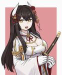  1girl azur_lane black_hair blush breasts cleavage flower hair_flower hair_ornament hiei_(azur_lane) highres holding holding_sword holding_weapon horns japanese_clothes katana large_breasts long_hair long_sleeves looking_at_viewer nagabegi_(ryuuboku) open_mouth pink_background sakuramon sheath sheathed smile solo sword upper_body weapon white_background wide_sleeves yellow_eyes 