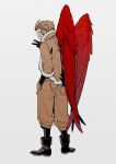  1boy black_footwear black_gloves blonde_hair boku_no_hero_academia brown_coat brown_pants coat feathered_wings from_behind full_body fur-trimmed_coat fur_trim gloves grey_background hand_in_pocket hawks_(boku_no_hero_academia) headphones highres looking_at_viewer looking_back male_focus oimo_(oimkimn) pants red_wings short_hair simple_background solo standing v wings 