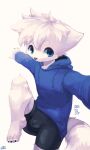  anthro arcticneu bike_shorts blue_eyes bottomwear bulge canid canine clothing detailed_bulge fox fur hair hi_res hoodie male mammal neu_(arcticneu) shorts simple_background solo tight_bottomwear tight_clothing tight_shorts topwear white_background white_body white_fur white_hair young 