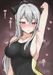  1girl absurdres arknights arm_up armpits black_one-piece_swimsuit blush breasts brown_background collarbone commentary_request competition_swimsuit grey_hair highres large_breasts long_hair looking_at_viewer mango_(mgo) one-piece_swimsuit parted_lips partial_commentary ponytail red_eyes sidelocks simple_background solo steaming_body swimsuit upper_body weedy_(arknights) 