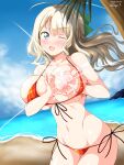  1girl :d ahoge beach bikini blonde_hair blue_eyes blush breasts cloud collarbone dated deego_(omochi_bazooka) floating_hair heart-shaped_boob_challenge highres horizon lactation large_breasts looking_at_viewer navel nipples ocean one_eye_closed open_mouth original palm_tree projectile_lactation red_bikini side-tie_bikini_bottom signature smile solo standing stomach swimsuit tree 