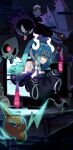  1girl absurdres black_sleeves blue_hair choppy_bangs commentary computer dark_room detached_arm detached_sleeves dreepy duskull floating gastly ghost_miku_(project_voltage) glowing_neckwear grey_shirt hair_between_eyes hair_in_own_mouth halterneck hatsune_miku highres hitodama indoors keyboard_(computer) long_hair looking_ahead memai_(1000snsr) mimikyu mismagius monitor necktie parted_lips pokemon pokemon_(creature) project_voltage rotom rotom_(normal) shaded_face shirt sleeveless sleeveless_shirt sleeves_past_fingers sleeves_past_wrists solo through_screen twintails vocaloid yellow_eyes 