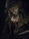  1girl absurdres ascot blood blood_on_clothes blood_stain bloodborne bolshikh coat collar gem gloves hat hat_feather highres holding lady_maria_of_the_astral_clocktower long_hair looking_to_the_side ponytail rakuyo_(bloodborne) solo sword tricorne weapon white_ascot 