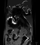  2023 alice_the_vixen anthro canid canine claws english_text female finger_claws fox fur_collar glowing glowing_eyes greyscale hi_res light mammal monochrome monster moonlight open_mouth sharp_teeth solo teeth text tiny_bunny traditional_media_(artwork) 