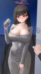  1girl alternate_costume black_hair blue_archive blush breasts bright_pupils can condom cosplay covered_navel dongtan_lady_(k_pring) dongtan_lady_(k_pring)_(cosplay) door_handle dress grey_dress halo hand_up holding holding_can holding_condom large_breasts long_hair long_sleeves mijikayo_(user_eyyx8247) night night_sky open_door opening_door parted_lips pencil_dress pov_doorway red_eyes rio_(blue_archive) sky solo_focus star_(sky) starry_sky taut_clothes taut_dress 