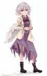  1girl angel_wings boots bow bowtie breasts brooch contrapposto dress eyebrows_hidden_by_hair full_body grey_hair half-closed_eyes jacket jewelry kishin_sagume looking_at_viewer purple_dress red_bow red_bowtie red_eyes short_hair single_wing small_breasts solo standing totopepe888 touhou wings 
