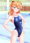  1girl absurdres blue_eyes blue_one-piece_swimsuit blurry blurry_background breasts collarbone commentary_request competition_school_swimsuit covered_navel cowboy_shot hands_on_own_hips highleg highleg_swimsuit highres interface_headset neon_genesis_evangelion one-piece_swimsuit orange_hair pool school_swimsuit small_breasts solo souryuu_asuka_langley string_of_flags swimsuit takafumi two_side_up 