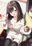  2girls :d :t animal_slippers aran_sweater black_hair black_shirt blush breasts brown_eyes brown_thighhighs cable_knit chair cleavage closed_mouth collarbone commentary_request cup feeding food food_on_face food_request hair_between_eyes highres holding holding_spoon indoors long_sleeves looking_at_viewer medium_breasts multiple_girls nail_polish off-shoulder_sweater off_shoulder on_chair original pentagon_(railgun_ky1206) pink_nails pout puffy_long_sleeves puffy_sleeves saucer shirt sleeves_past_wrists slippers smile spoon sweater table tea teacup thighhighs v-shaped_eyebrows white_footwear white_sweater wooden_floor 