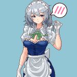  1girl apron blue_background braid breasts chinese_commentary cleavage closed_mouth commentary_request eaglov gloves grey_eyes grey_hair highres izayoi_sakuya looking_at_viewer maid maid_headdress short_sleeves side_braids simple_background solo spoken_blush touhou twin_braids waist_apron white_apron white_gloves 