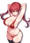  1girl absurdres armpits arms_behind_head arrow_through_heart bikini black_thighhighs blush breasts cleavage closed_mouth collarbone drawingchinchin hair_ribbon heterochromia highres hololive houshou_marine houshou_marine_(4th_costume) large_breasts long_hair looking_at_viewer navel red_bikini red_eyes red_hair red_ribbon ribbon smile solo sweat swimsuit thighhighs twintails virtual_youtuber white_background yellow_eyes 