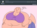  2018 4:3 5_fingers anthro ask_blog batspid2 belly_squeeze big_breasts biped blue_clothing bottomwear breasts cleavage clothed clothing crop_top dialogue digital_drawing_(artwork) digital_media_(artwork) english_text eyebrows eyelashes female fingers flabby_arms flat_colors frill_(anatomy) head_crest head_frill huge_belly huge_breasts juna_(batspid2) lizard love_handles membrane_(anatomy) membranous_frill morbidly_obese morbidly_obese_anthro morbidly_obese_female navel obese obese_anthro obese_female overweight overweight_anthro overweight_female pink_body pink_skin purple_clothing purple_eyes reptile scalie shirt solo tail text three-quarter_view topwear 