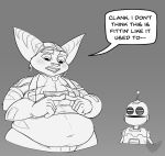  2019 antennae_(anatomy) anthro basicbiscuit belly big_belly blush clank_(ratchet_and_clank) clothed clothing dialogue duo fangs fingertips_touching gloves half-length_portrait handwear headgear hi_res lombax looking_at_another machine male mammal narrowed_eyes navel obese obese_anthro obese_male open_mouth overweight overweight_anthro overweight_male portrait ratchet ratchet_and_clank robot signature small_clothing sony_corporation sony_interactive_entertainment speech_bubble teeth text tongue topwear 