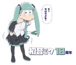  1girl aqua_eyes aqua_hair black_footwear black_sleeves detached_sleeves hatsune_miku long_hair looking_at_viewer necktie open_mouth orionwo osomatsu-san parody shirt skirt speech_bubble spring_onion style_parody thighhighs twintails vocaloid white_background 