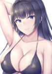  1girl absurdres arm_up armpits bikini black_bikini black_hair blue_eyes blunt_bangs blush breasts cleavage closed_mouth collarbone commentary_request highres large_breasts long_hair ohguro_mariya original simple_background smile solo swimsuit upper_body white_background 