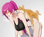  all_fours bestiality blush breasts breath brown_fur cleavage commission dog gishu heavy_breathing highres kneeling large_breasts looking_at_viewer multicolored_fur new_(lk) one-piece_swimsuit open_mouth orange_eyes original pink_hair ponytail skeb_commission smile sweat swimsuit tongue tongue_out white_fur 