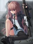  1girl absurdres ar-15 black_footwear black_gloves black_jacket black_pantyhose blue_eyes brick_wall brown_hair bullet closed_mouth commentary_request dress girls&#039;_frontline gloves gun hair_between_eyes highres holding holding_gun holding_weapon jacket long_hair looking_at_viewer magazine_(weapon) name_connection object_namesake one_side_up open_clothes open_jacket pantyhose rifle shoes single_leg_pantyhose skindentation solo st_ar-15_(girls&#039;_frontline) stratosphere_(coom1017) thigh_strap very_long_hair weapon white_dress 