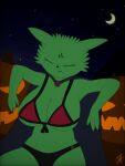  2023 absurd_res anthro big_breasts breasts clothing eyes_closed fangs female feral fluffy fur green_body green_fur hi_res mammal moon nexthargon night rain_world saint_(rain_world) simple_background slugcat_(rain_world) star teeth underwear vampire 