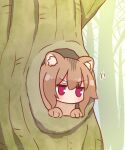  1girl animal_ear_fluff animal_ears animalization bare_tree blush brown_hair commentary_request forest hair_between_eyes highres in_tree kemomimi-chan_(naga_u) looking_at_viewer medium_hair naga_u nature no_mouth no_nose original purple_eyes red_eyes solo squirrel_ears squirrel_girl tree v-shaped_eyebrows 
