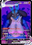  3d_(artwork) abstract_background angry anthro big_breasts blue_body blue_fur breasts canid canine canis card digital_media_(artwork) english_text female fur generation_4_pokemon genitals huge_breasts looking_at_viewer lucario mammal nintendo nipples nude pokemon pokemon_(species) pokemon_card pussy red_eyes smokedsoul35 solo solo_focus standing text thick_thighs trading_card wide_hips 