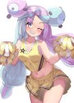  1girl absurdres alternate_costume blush breasts cheerleader commentary_request cowboy_shot green_hair grin head_tilt highres holding holding_pom_poms iono_(pokemon) kajitsu_no_hito long_hair looking_at_viewer navel one_eye_closed pleated_skirt pokemon pokemon_(game) pokemon_sv pom_pom_(cheerleading) purple_eyes purple_hair sharp_teeth shirt skirt sleeveless sleeveless_shirt smile solo sweat teeth twintails white_background yellow_shirt yellow_skirt 