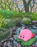  :o bare_tree blue_eyes blue_sky blush blush_stickers bush closed_mouth cloud cloudy_sky commentary_request day falling_petals forest grass highres kirby kirby_(series) leaf lying miclot nature no_humans on_stomach outdoors petals plant pond rock sky solo tree water 