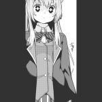  1girl bow bowtie commentary greyscale happy_sugar_life huxiao_(mistlakefront) jacket long_hair matsuzaka_satou monochrome pillarboxed pleated_skirt school_uniform signature skirt solo striped striped_bow striped_bowtie striped_skirt upper_body vest 