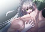  1boy 1girl absurdres achilles_(fate) animal_ear_fluff animal_ears atalanta_(fate) atalanta_alter_(fate) biting blood braid eyelashes fate/grand_order fate_(series) fingernails gradient_background green_eyes grey_background hair_between_eyes haruakira hetero highres long_hair looking_at_viewer muscular muscular_male sharp_fingernails teeth undercut very_long_hair 