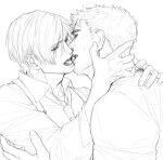  2boys bara beard_stubble chris_redfield collared_shirt couple eye_contact facial_hair from_side hand_on_another&#039;s_neck imminent_kiss leon_s._kennedy looking_at_another male_focus mature_male multiple_boys necktie no_sense_of_shame resident_evil resident_evil_6 shirt short_hair stubble suspenders sweatdrop thick_eyebrows upper_body yaoi 